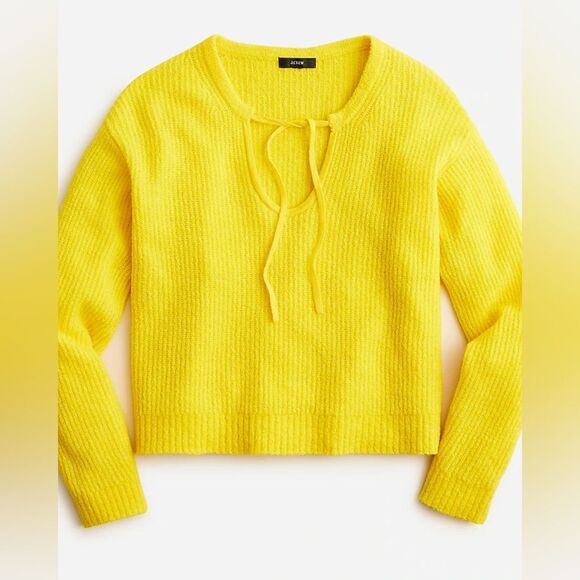 J Crew Cashmere Blend Bouclé Tie Front Beach Sweater in Bright Yellow Size XS - Picture 1 of 6